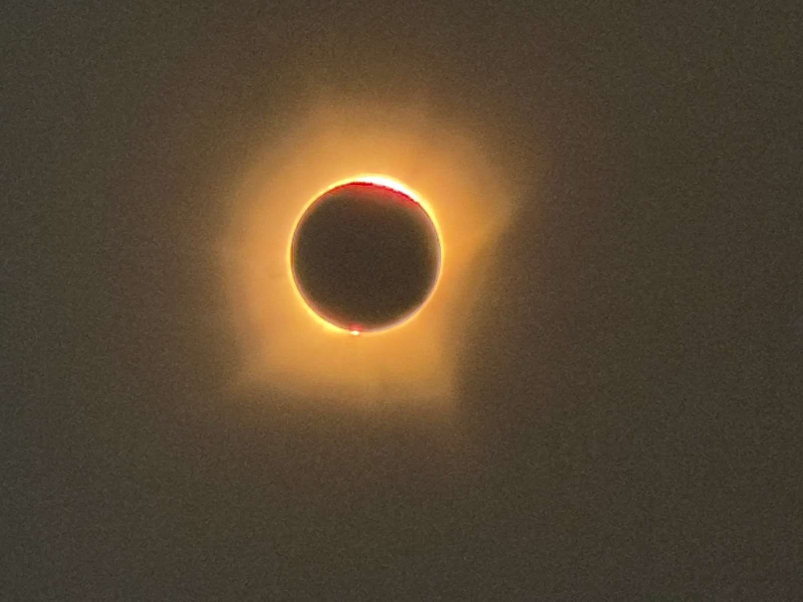 Close-up of totality at 670 mm: the corona around the Moon's black disk, with red chromosphere and prominences on the lower-left limb