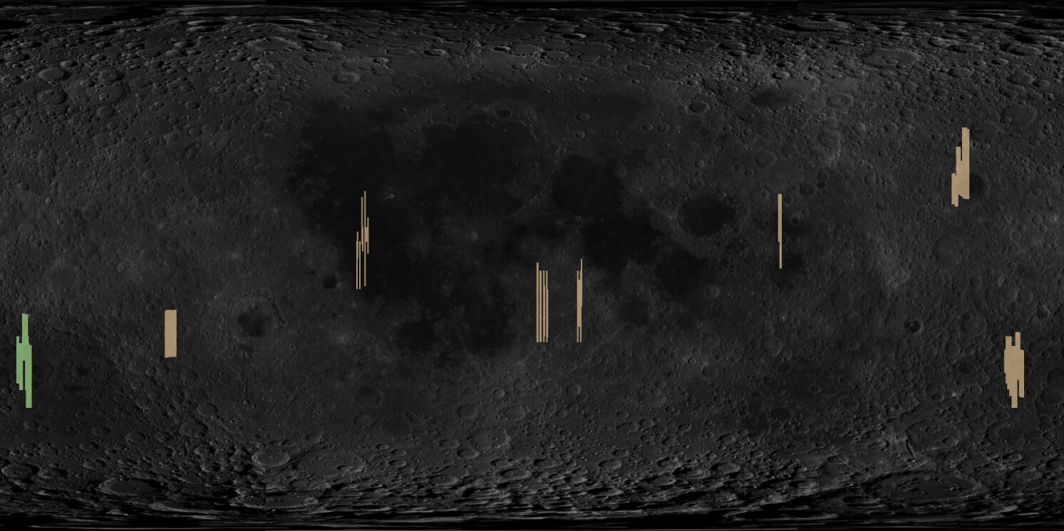Equirectangular map of the Moon with the analysed swirl sites marked